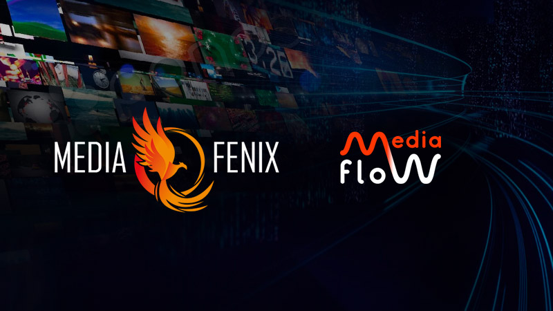 Loghi Media Fenix e Media Flow su sfondo di piattaforma streaming