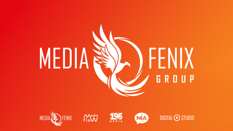 Logo Media Fenix Group e loghi Media Fenix, Media Flow, 196 Media, Nia e Digital Studio, su sfondo sfumato arancio
